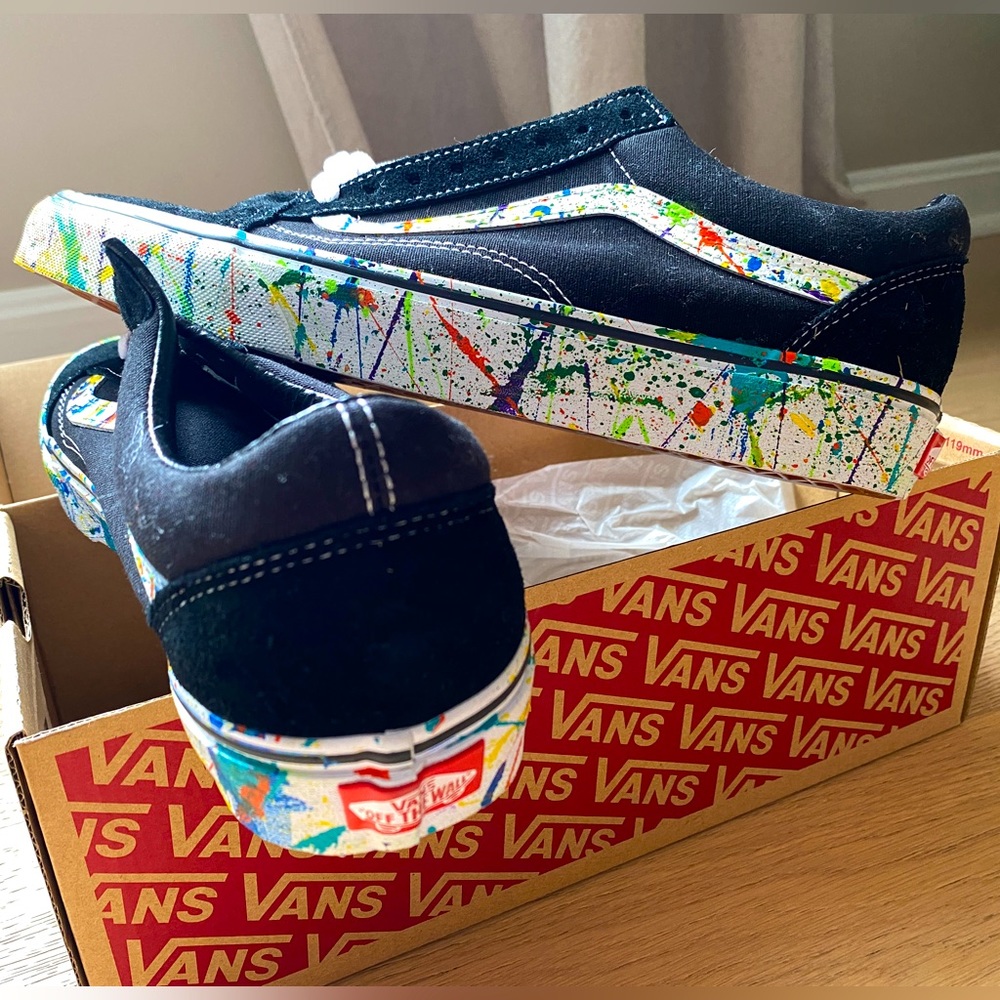NEW Men’s Size 10- VANS Old Skool Black White Custom Paint Splatter Shoes NIB